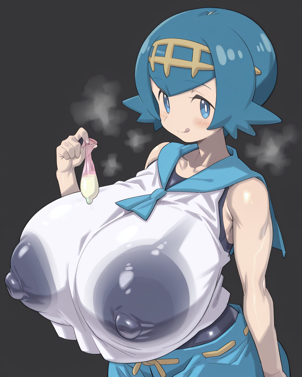 1girl, solo, lana \(pokemon\),yellow hairband,blue hair,short hair,blue eyes,no sclera,sleeveless white shirt,blue sailor collar,neckerchief,blue pants,school swimsuit,(swimsuit under clothes, gigantic breasts, covered nipples:1.2), curvy, licking lips, sakana888888888, used condom, colorful condom, (condom in hair:1.1), steam, smell, steaming body, looking at viewer, upper body, simple background, black background, masterpiece, best quality, very aesthetic, absurdres