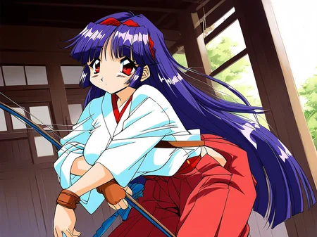score_9, score_8_up, score_7_up, source_anime, rating_explicit, BREAK  <lora:Shiraishi_Yumiko_Ver2.0_XL:1> ShiraishiYumiko, long hair, red eyes, red hairband, purple hair, large breasts, blunt bangs,
 1girl, bow (weapon), solo, weapon, gloves, kyuudou, archery, japanese clothes, muneate, yugake,  partially fingerless gloves, hakama, 
skirt, blue hair, hakama skirt, holding bow (weapon), arrow (projectile), single glove, holding weapon
