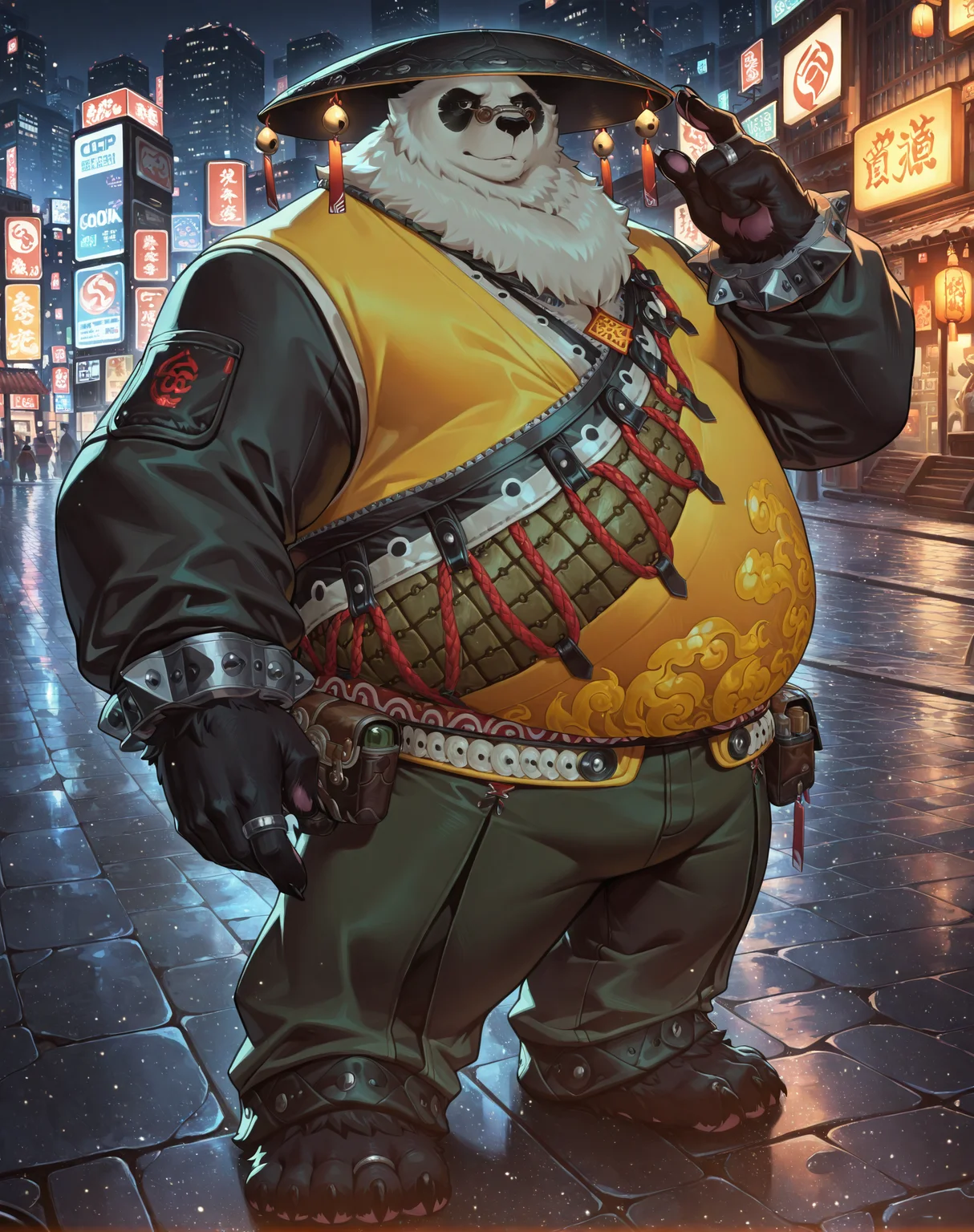 zPDXL2,general,masterpiece,best quality,amazing quality,night,city,neon trim,furry male,male focus,(from side:0.1),front view,1boy,looking_at_viewer,solo,
p@nyinhu,mature,panda,chinese clothes,hat,sunglasses,fat,pants,barefoot,
standing,posing,
<lora:NOOB_vp1_detailer_by_volnovik_v1:1>,<lora:zoroj:0.3>,<lora:AMarvelRivals_style:0.3>,<lora:丰å¯èæ¯_IL:0.6>,<lora:Panyinhu_IL:1>,
