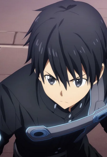 high resolution, professional photography, solo, best quality, 1Boy, Kazuto Kirigaya, Black Hair, Black Eyes, dystopia, black jacket, black shirt, serious looking, black pants, armor, dark fantasy, OverallDetail