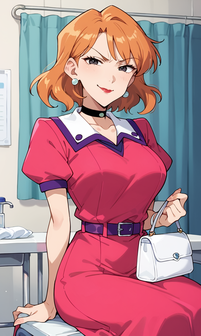 (1girl:1.5), (solo:1.3), (score_9, score_8_up, score_7_up, score_6_up, score_5_up, score_4_up), (source_anime), rating_questionable, looking at viewer, (cowboy shot:1.3), indoors, hospital bed, hospital room,
 <lora:matsuzaka-take_v2:0.8> (matsuzaka-take), (smirk:1.5), (black eyes, eyelashes, orange hair, medium hair, bangs, earrings, red lips), (pink dress, collared dress, white collar, purple trim collar, puffy short sleeves, purple belt, black choker, white handbag), (large breasts),
 sitting on chair,