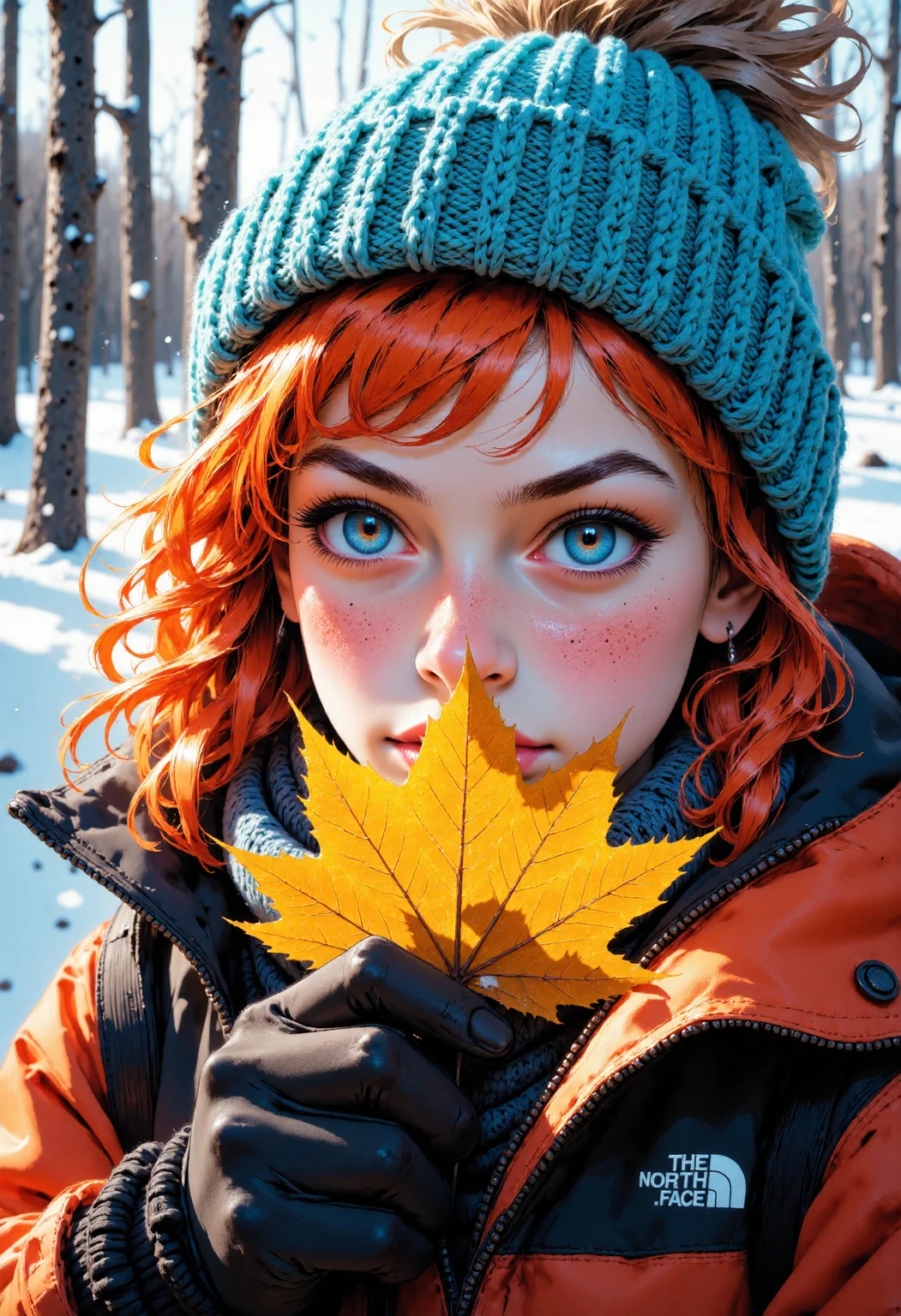 A young girl with piercing blue eyes and a wild mane of curly red hair stands in the foreground, her face framed by the intricate texture of a hand-knitted blue beanie. The soft focus of the camera captures the delicate freckles scattered across her cheeks, like a constellation of tiny stars. Her gaze is fixed intently on the camera, as if daring it to capture the full essence of her winter wonderland. Her gloved hand grasps a vibrant yellow leaf, its edges worn and curled, like a piece of aged parchment. The leaf's golden hue glows warmly against the muted tones of her winter jacket, a sturdy orange and black North Face parka with a fuzzy grey fur-lined hood. The girl's fingers wrap tightly around the leaf, as if holding onto a precious secret. The background is a blur of autumnal colors, a tapestry of gold, orange, and crimson, with the skeletal branches of trees etched against a blue winter sky. The light is soft and diffused, casting a warm glow over the scene, like the gentle warmth of a crackling fire on a cold winter's night. The camera angle is slightly low, as if looking up at the girl from a slight incline, emphasizing her towering presence amidst the autumnal landscape.<lora:CustomFlux/MysticComic.safetensors:1.0:1.0>