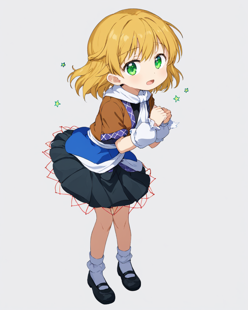 mizuhashi parsee,1girl, solo, arm_warmers, looking_at_viewer, short_sleeves, white_background, biting, white_scarf, black_footwear, full_body, white_socks, simple_background, mary_janes, brown_jacket, standing, black_skirt, brown_shirt, multicolored_jacket, tears, teeth, open_mouth, white_sash, crying, glowing
<lora:mizuhashi_parsee_image5693_2023-12-17-000005:1>,star-shaped_pupils,symbol-shaped_pupils,. gorgeous,key visual, vibrant, studio anime,award-winning, professional, highly detailed,high budget, cinemascope