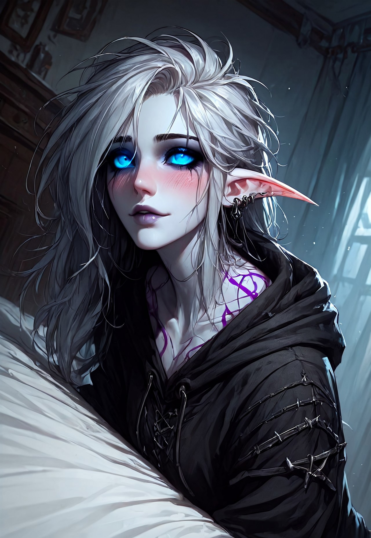 score_9, score_8_up, score_7_up, score_6_up, Expressiveh, masterpiece, (((High Resolution, Best Quality))), highly detailed, 

1girl, night elf, mature, goth, tall girl, pointy ears, long ears, (blue eyes, glowing eyes, blue sclera), (pale white skin, violet bodytattoo, violet facetattoo), (white hair, messy hair, bangs), 

oversized black hoodie, long sleeves, skullsymbol on hoodie, arched back, bent over, looking up, blush, seductive smile, indoors, bedroom, solo, dynamic angle