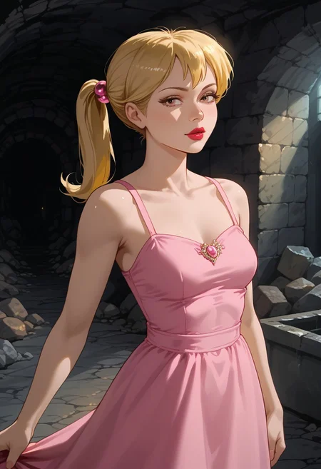 safe_pos, score 9, score 8, score 7, score 6, solo, 1girl, dress, adult woman, pose, suggestive, seductive, lipstick, blonde hair, pink dress, pink hair ornament, ponytail, interior, sewer,
