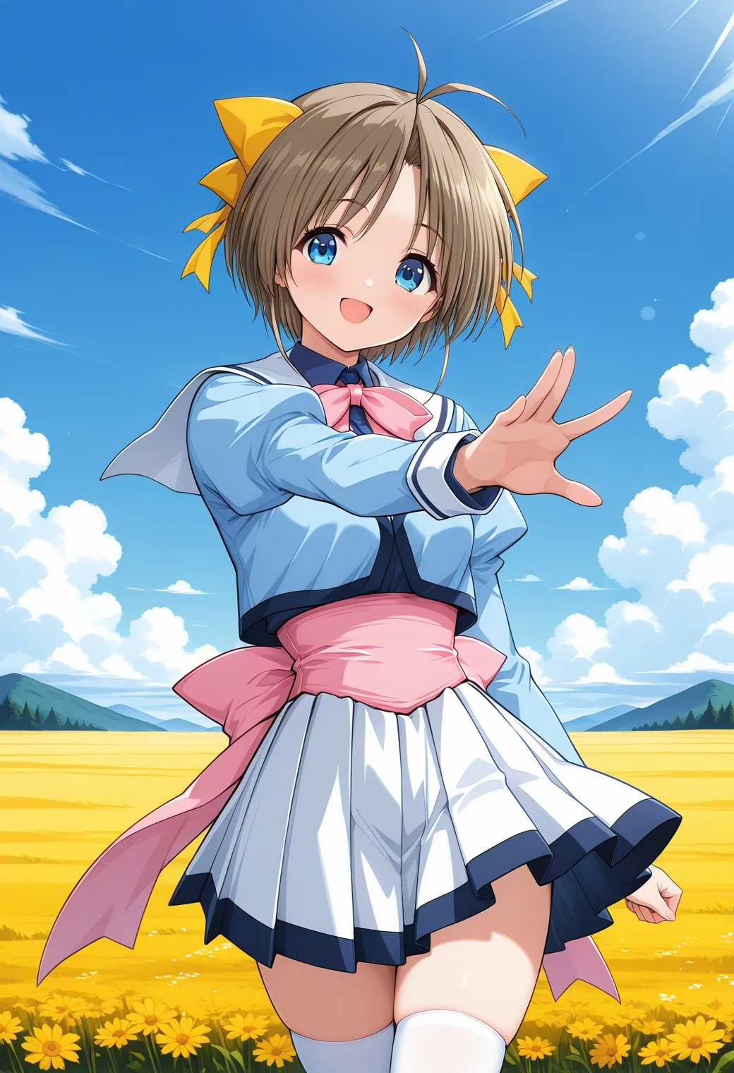katase_yuki, blue eyes, brown hair, short hair, antenna hair, hair bow, yellow ribbon, pink bowtie, pink bow, school uniform, white sailor collar, blue shirt, long sleeves, puffy sleeves, pink sash, pleated skirt, white thighhighs, <lora:katase_yuki_illustrious_ver1:0.8>
smile,, masterpiece, best quality, general,, 1girl, solo, (field:1.2), (blue sky:1.2), looking at viewer,, (cowboy shot, dynamic pose:1.4),