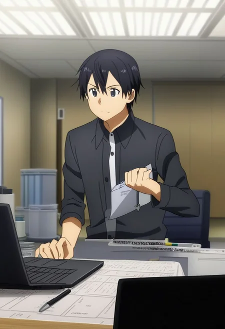 high resolution, professional photography, solo, best quality, 1Boy, Kazuto Kirigaya, Black Hair, Black Eyes, worker, working, office space, office desk, concentration, focus, laptop, OverallDetail