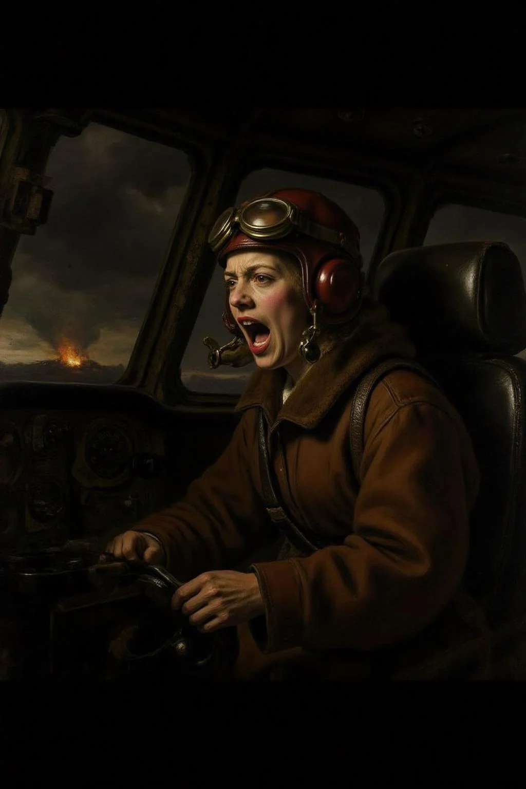 rembr2 painting
A female pilot screaming inside the cockpit of a WWII bomber. The pilot, wearing a vintage leather flight helmet with goggles and a brown bomber jacket, grips the controls with white-knuckled hands. Her face is contorted in a mix of fear and determination as she yells, her eyes wide with adrenaline. The cockpit is cramped and filled with old-fashioned dials and gauges, with the outside view showing dark stormy clouds and distant anti-aircraft fire. The scene is lit by the eerie glow of the instrument panel, casting harsh shadows across her face, emphasizing the intensity and danger of the moment. High contrast, dynamic composition, gritty and realistic, with a cinematic feel.
<lora:rembr_paint1_semicap_d6a3:1.0><lora:812151012849797889:0>