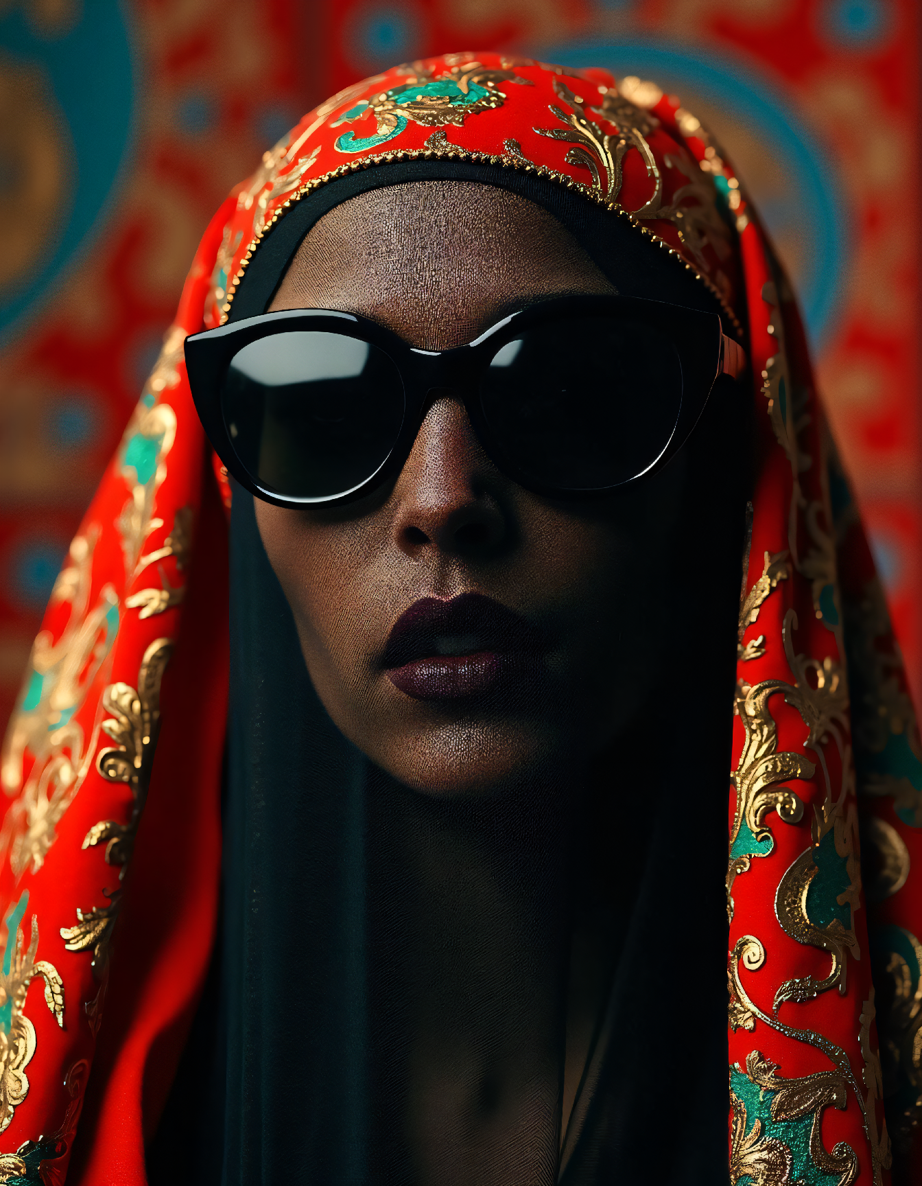 portrait of a sad elaborate veiled woman with her eyes obscured by black sunglasses, vibrant, elaborate, dramatic