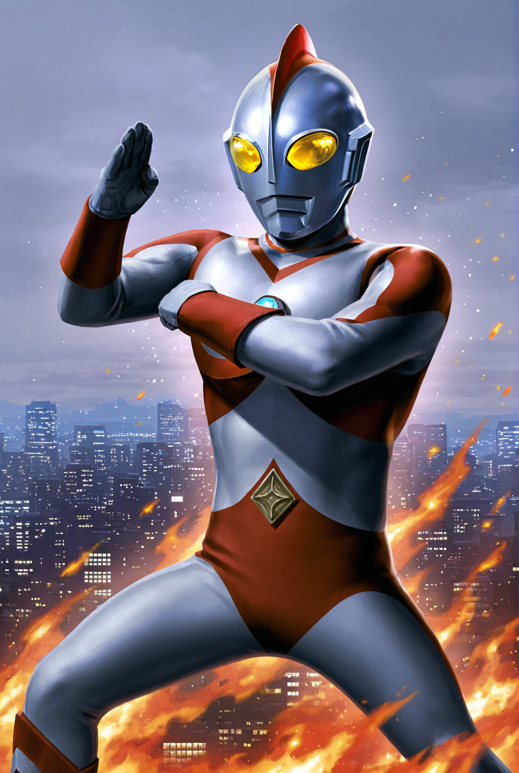 score_9,score_8_up,score_7_up,male focus,ultra-detailed,high resolution,digital painting,8k,1boy,solo,cowboy shot,male focus,detailed face,tokusatsu,alien,yellow eyes,no humans,bodysuit,helmet,2d,flat,fighting stance, fire,cityscape,giant,<lora:add-detail-xl:1>,<lora:Ultraman 80:0.7>,ultraman  80,<lora:League_of_Legends__illustrious-XL:0.7>,