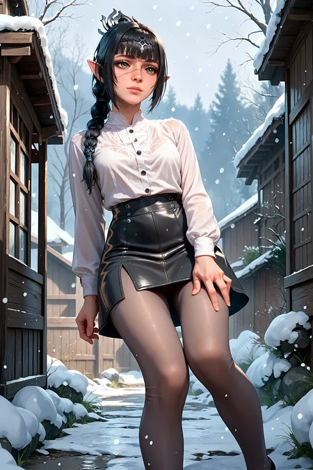 5h4rt, score_9, score_8_up, score_7_up, 1girl, solo, cowboy shot, knees together feet apart, snowing, cold, high waisted black leather miniskirt, stiletto heels, pantyhose, unbuttoned white shirt, <lora:_5h4rt:1.0>