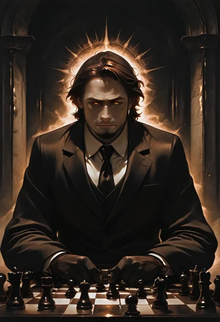 masterpiece, best quality, amazing quality, absurdres, newest, detailed background, definition so sharp, Ultra-HD, 8K cinematic, very awa, impressionate, amazing quality, highres, rnsls2,
solo, male focus, manly, shadow, shiny skin,
shimonmakusu, shimon_brunette, shimon_orange eyes, 1boy, short hair, stubble, goatee, mature male, cold_expression, intense_gaze, mastermind, strategist, chess_board, gloves, suit, shadowed_face, calculating, observant, monochrome, sharp_focus, confident_pose, dark_academia