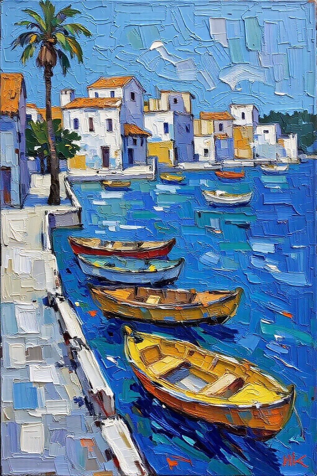 impasto oil painting. a vibrant blue body of water with a row of boats floating on it. The boats are painted in a variety of colors, including yellow, orange, and blue, creating a striking contrast against the backdrop of the scene. To the left of the boats, a concrete walkway extends into the water, adding a touch of depth to the composition. In the distance, a palm tree casts a shadow on the water's surface. The buildings in the background appear to be painted in shades of blue, white, and orange.    <lora:Flux-Sch-SingleBlocks-BF16:1.0> <lora:impasto6_cap_d6a3e11:1.0><lora:804332797981366713:0>