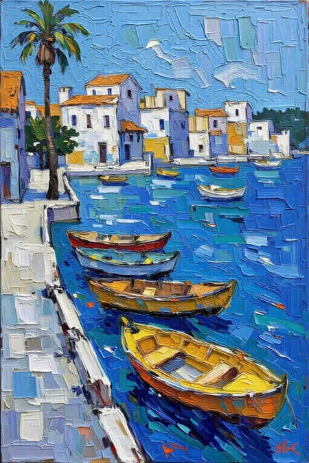 impasto oil painting. a vibrant blue body of water with a row of boats floating on it. The boats are painted in a variety of colors, including yellow, orange, and blue, creating a striking contrast against the backdrop of the scene. To the left of the boats, a concrete walkway extends into the water, adding a touch of depth to the composition. In the distance, a palm tree casts a shadow on the water's surface. The buildings in the background appear to be painted in shades of blue, white, and orange. <lora:Flux-Sch-SingleBlocks-BF16:1.0> <lora:impasto6_cap_d6a3e11:1.0><lora:804332797981366713:0>