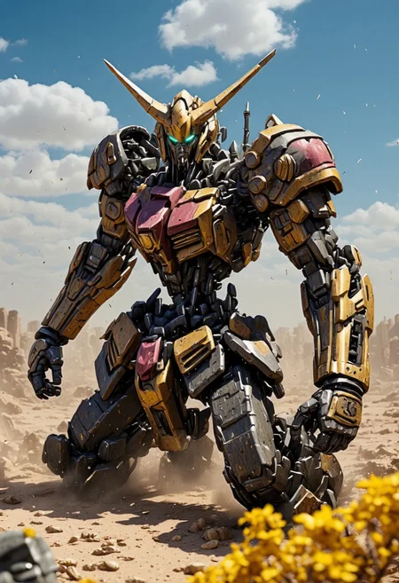 The gundam is a mobile suit mecha, it is heavily damaged and broken. It is from the anime Mobile Suit Gundam
The Gundam robot is rusted and broken, exposed wires and mechanic parts are sparking and on fire, one of the Gundams eyes glows red and the rest of its face is damaged. The gundam is missing an arm and kneels on a deserted battlefield. dust, debris and smoke surround the gundam. yellow flowers grow in the dirt