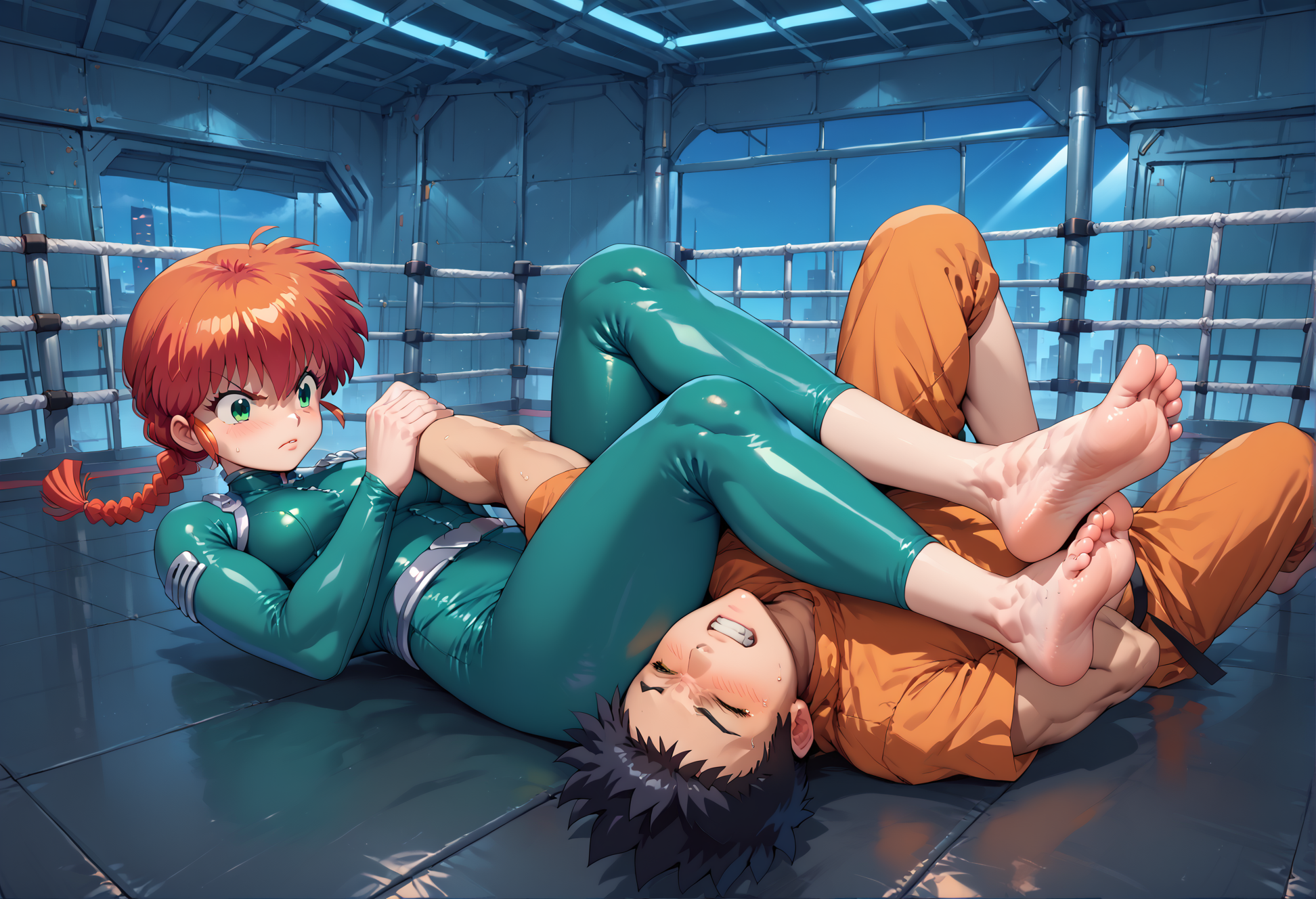 score_9, score_8_up, score_7_up, anime_source, BREAK, 
masterpiece, best quality, ((femdom)), 1girl (<lora:brj-sam-ponyXL-v0.5:0.6> sam, long orange hair, green eyes, green bodysuit, barefoot, eyes closed)  <lora:armbar_concept-000016V2:0.85> armbar, submission hold, leglock, wrestling, ((lying on floor)), barefoot, soles, 1boy (spiked black hair, in pain), futuristic room, interior,   <lora:ranma_2024_style:0.8> ranma2024_style, anime coloring