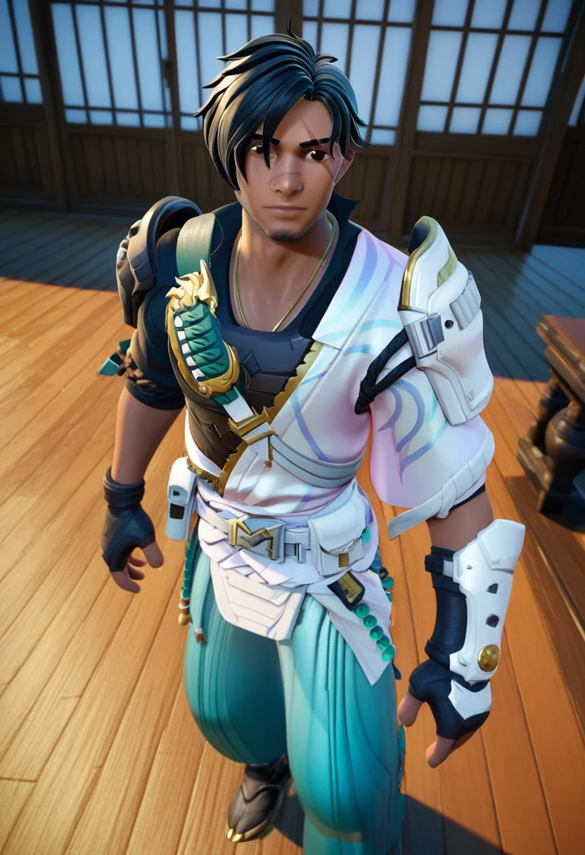 score_9, score_8_up, score_7_up, score_6_up, score_5_up, score_4_up, BREAK <lora:Lunas-FortniteStyle-SDXL-A1:1>,face focus,
ryuji, teal hakama, white asymmetrical jacket, black chest armor, black shirt, shoulder armor piece on the left side, sheathed katana, white belt, black gloves, black shoes with gold soles, scars, facial hair, brown eyes, golden necklace, belt across chest,
wooden floors, traditional japanese room, furniture, standing, upper body view,looking at viewer,