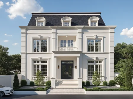 Architectural style Architectural style, <lora:JJsClassicStyleHouse_XL:1>, ((Classic Style House)),(masterpiece) , ((best quality)), dramatic lighting, high quality outdoors, sky, day, cloud, tree, blue sky, building, scenery, road, real world location, sunlight, enough detail, high resolution,super realistic, Photorealistic, highly detailed, balcony, plants, door, car, truck, parking slot, paving, . Clean lines, architectural drawing, highly detailed , . Clean lines, geometric shapes, minimalist, modern, architectural drawing, highly detailed