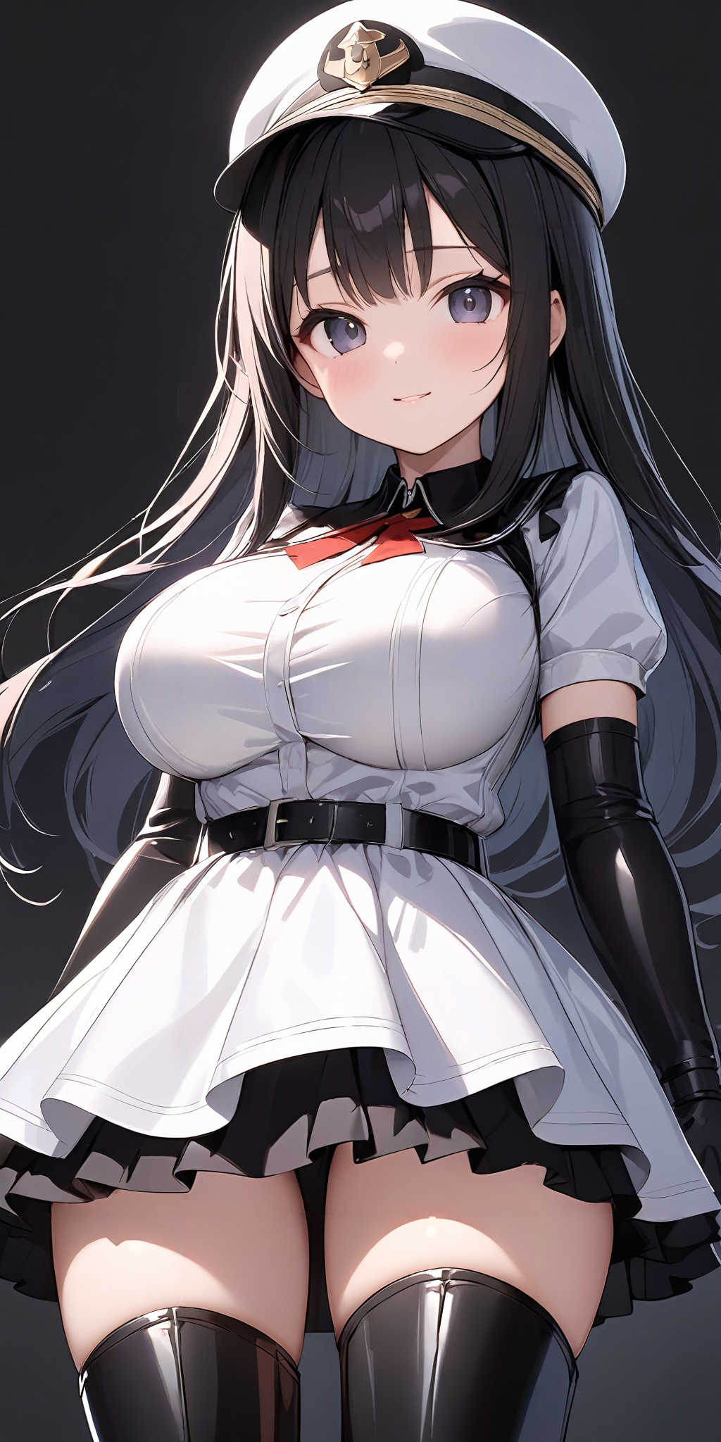 masterpiece,ultra-detailed,best quality,8K,illustration,cute face,clean skin ,shiny hair,girl,simple background, cowboy shot,dress
 <lora:add-detail-xl:1>  <lora:lkp_XL_V1.0:1> lkp, breasts <lora:military uniform_XL_V1.0:0.6> jyojifuku, m dress, gloves, boots, belt, hat, sword
