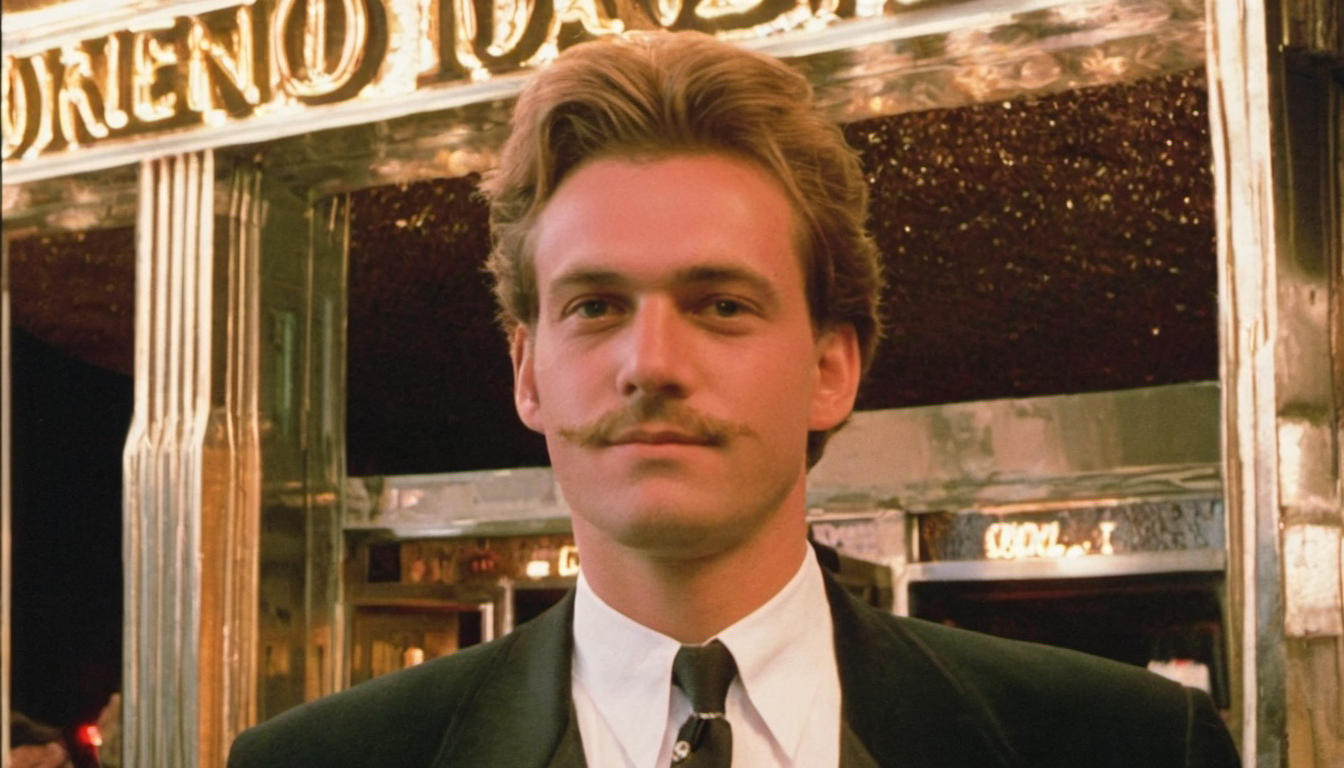 portrait photo of a german man outside a night club, morning, 1990, tuxedo, suit,  <lora:badquality_v02:1> bad quality