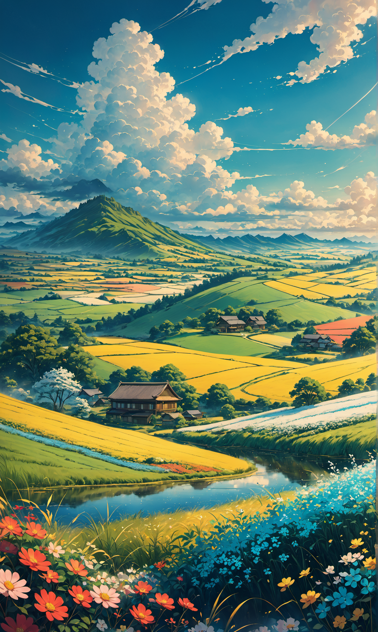 anime scenery of a field with flowers and sky, beautifull puffy clouds. anime, anime clouds, anime countryside landscape, anime landscape, ross tran. scenic background, detailed scenery, rhads and lois van baarle, style of makoto shinkai, studio glibly makoto shinkai<lora:xl_more_art-full_v1:0.3><lora:lora:0.6>