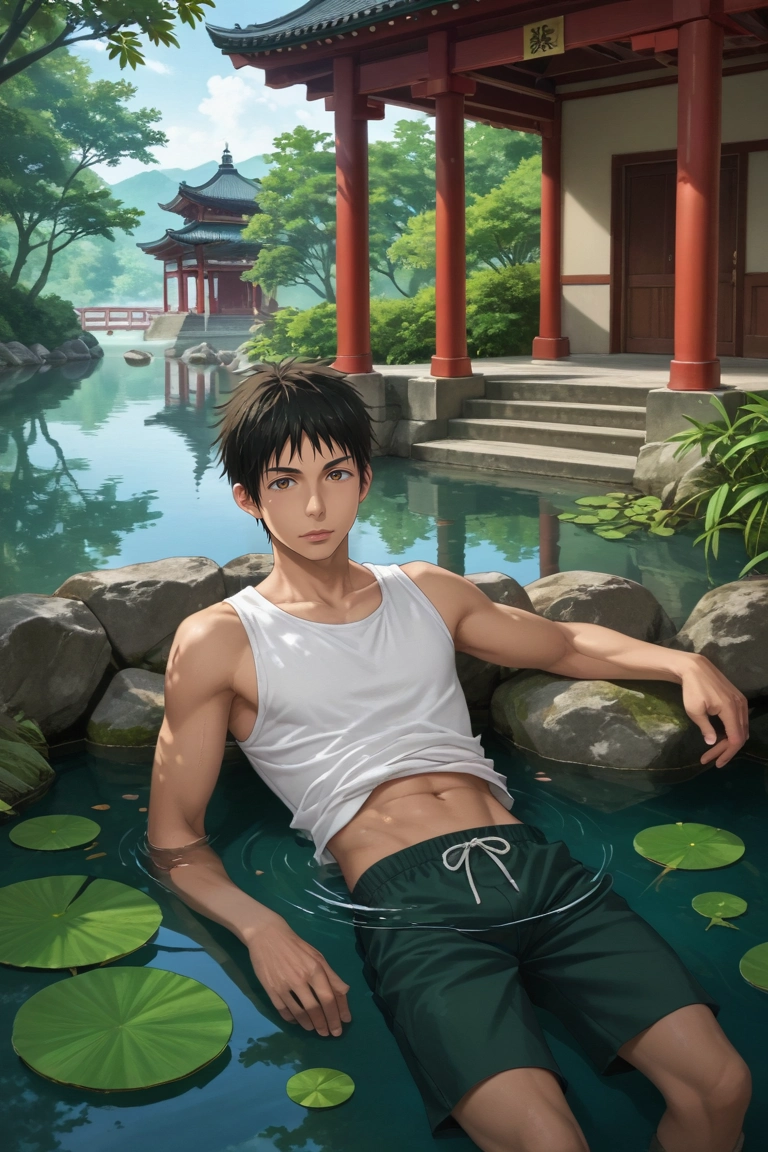 score_9, score_8_up, score_7_up, source_anime, rating_safe, , (realistic:0.6), looking at viewer, , 1boy, solo, male focus, <lora:yuusuke_igarashi_pony:0.8>, yuusuke_igarashi, black hair, brown eyes, short hair, straight-on, pond, arch, japanese architecture, midnight, lying, on back, relaxed, , <lora:sdxl_lightning_8step_lora:1>