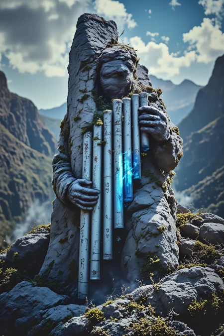 A towering stone giant plays a massive panflute constructed from hollowed mountain crystals. Each pipe is the size of a human, decorated with runes that shimmer with blue mountain light. The giant's fingers are covered in moss and lichen, moving delicately across the enormous instrument. Tiny cloud spirits form around the pipes as music plays, taking shapes of dancing figures. Stone birds carved into the panflute's base come alive momentarily with each musical phrase. , detailed background Fantastic lighting. Detailed shadows.intricate details, vivid colors, hyper-detailed, ultra-sharp, <lora:PANFLUTE_FLUX>, <lora:OBInstant camera portrait photography V2.0:1.0>, <lora:Dark side of light:0.55>, <lora:aidmaFLUXPro1.1-FLUX-v0.3:1.0>, <lora:Glitchcore_Flux:0.8>,