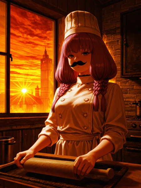kingpin, realistic, masterpiece, best quality, amazing quality, realism, very aesthetic, absurdres, newest, (aura \(sousou no frieren\):1.6), (1girl:1.3), (solo:1.2), (white chef outfit:1.5), (chef hat:1.4), (fake mustache:1.5), (rolling dough with rolling pin:1.5), flour on table, detailed kitchen interior, wooden cabinets, cast iron stove, (sunset:1.4), (warm cinematic light:1.5), (strong sunbeams through kitchen window:1.4), golden hour lighting, glowing particles, volumetric light, upper body, confident expression, focus on action, <lora:Kingpin_-_Life_of_Crime_Style_E17_DIM16_ILXL_V1.2:1.1>.  <lora:dmd2_sdxl_4step_lora:1>