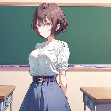 score 9, score 8 up, score 7 up, source anime, 1girl, asari_neo, classroom, white shirt,belt, <lora:gakuen_idolmaster_pony:1>