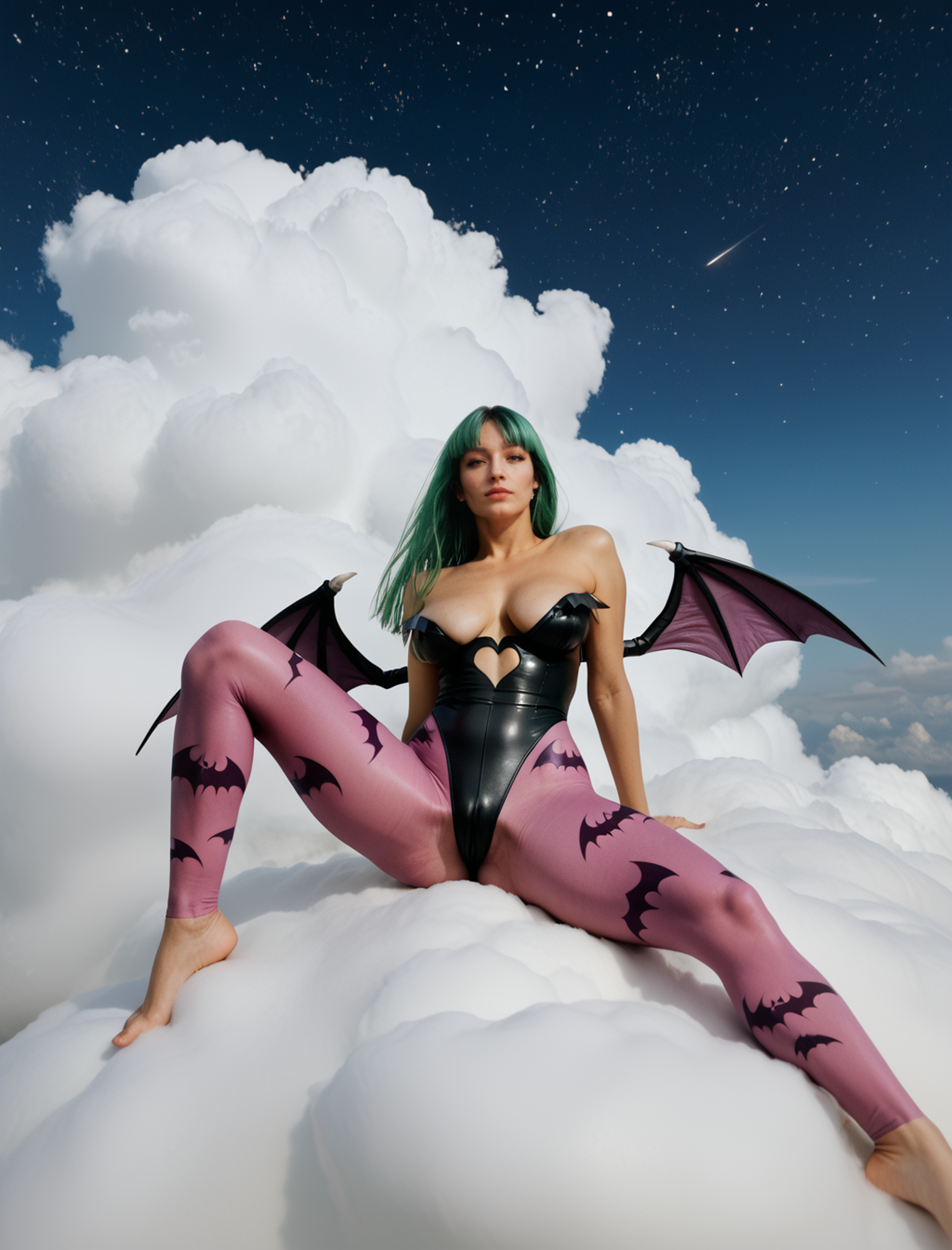 score_9, score_8_up, score_7_up, photograph of a cute girl, Morrigan Aensland, green hair, floating hair, sitting over a cloud, spread legs, starry sky, detailed, bat wings, tights, looking at viewer, large saggy breasts, 28 years old,