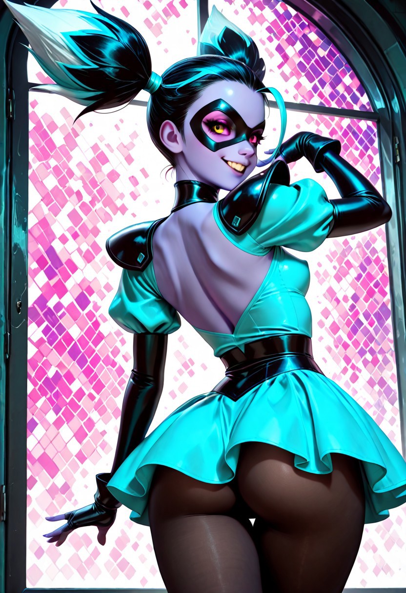 masterpiece, best quality, high quality, high resolution, ultra detailed,
BREAK, 1girl, solo, (Puppeteer, purple skin, colored skin, pink sclera, colored sclera, golden-brown eyes, black hair, hair pulled back into two ponytails,  white hair, light blue hair, multicolored hair, two ponytails, two upper front buck teeth, mask, domino mask, black turtlenecked, light blue dress, black edges on dress,  shoulder pads, puff sleeves,  two points at the skirt top,  black fingerless gloves, black pantyhose, slim waist wide hips, small perky breasts, back window), ass, back view looking at view, dynamic poses, seductive smile, sexy, lift skirt, BREAK, colorful background, bacl stars background