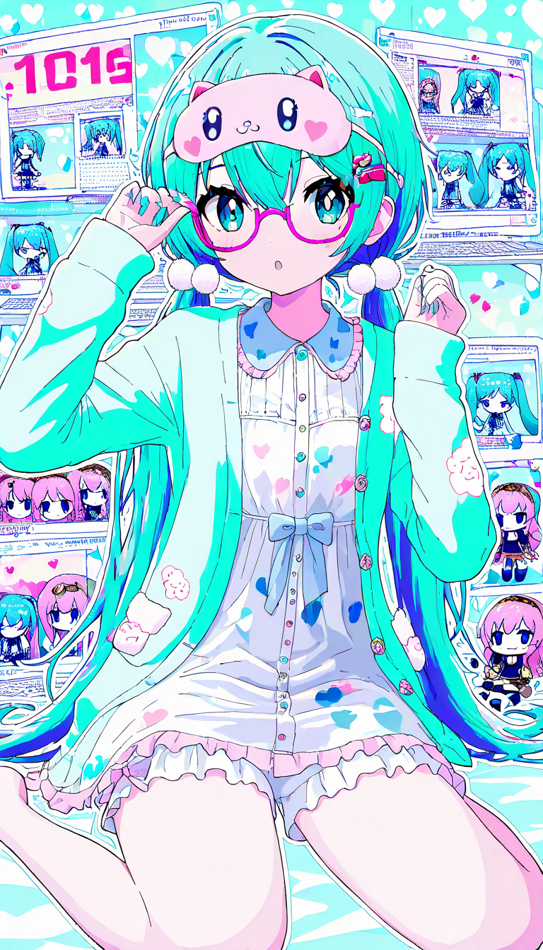 masterpiece, best quality, good quality, very awa, very aesthetic, absurdres, newest, hatsune miku, megurine luka, 1girl, solo, long hair, looking at viewer, open mouth, blue eyes, long sleeves, hair ornament, dress, bow, hair between eyes, very long hair, sitting, twintails, blue hair, pink hair, heart, thighs, hair bow, frills, glasses, hairclip, bowtie, official alternate costume, white dress, star \(symbol\), :o, aqua eyes, hands up, buttons, aqua hair, :3, blue bow, low twintails, wariza, frilled dress, blue jacket, cardigan, plant, pink bow, polka dot, ?, semi-rimless eyewear, pom pom \(clothes\), outline, dot nose, under-rim eyewear, pajamas, bespectacled, collared dress, notice lines, bloomers, character doll, adjusting eyewear, white outline, potted plant, mask on head, paw print, chibi inset, aqua nails, pink bowtie, monitor, polka dot bow, double-parted bangs, blue sweater, nightgown, blue cardigan, pink-framed eyewear, pom pom hair ornament, cameo, cloud print, aqua theme, hand on eyewear, light blue background, sleep mask, pastel colors, aqua jacket 