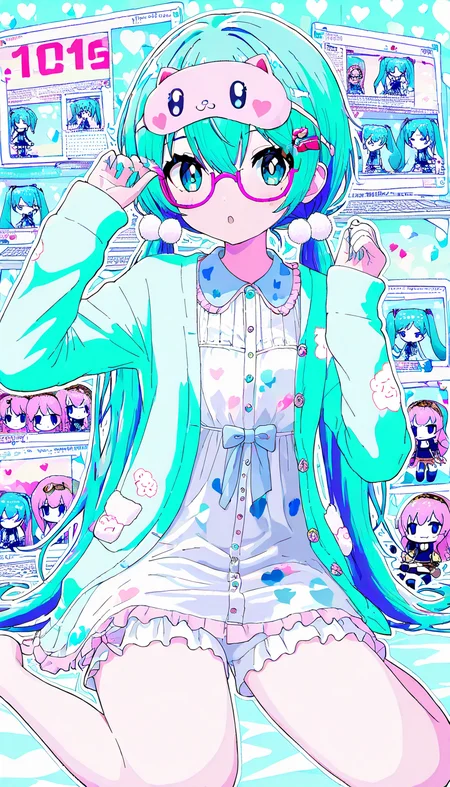 masterpiece, best quality, good quality, very awa, very aesthetic, absurdres, newest, hatsune miku, megurine luka, 1girl, solo, long hair, looking at viewer, open mouth, blue eyes, long sleeves, hair ornament, dress, bow, hair between eyes, very long hair, sitting, twintails, blue hair, pink hair, heart, thighs, hair bow, frills, glasses, hairclip, bowtie, official alternate costume, white dress, star \(symbol\), :o, aqua eyes, hands up, buttons, aqua hair, :3, blue bow, low twintails, wariza, frilled dress, blue jacket, cardigan, plant, pink bow, polka dot, ?, semi-rimless eyewear, pom pom \(clothes\), outline, dot nose, under-rim eyewear, pajamas, bespectacled, collared dress, notice lines, bloomers, character doll, adjusting eyewear, white outline, potted plant, mask on head, paw print, chibi inset, aqua nails, pink bowtie, monitor, polka dot bow, double-parted bangs, blue sweater, nightgown, blue cardigan, pink-framed eyewear, pom pom hair ornament, cameo, cloud print, aqua theme, hand on eyewear, light blue background, sleep mask, pastel colors, aqua jacket 