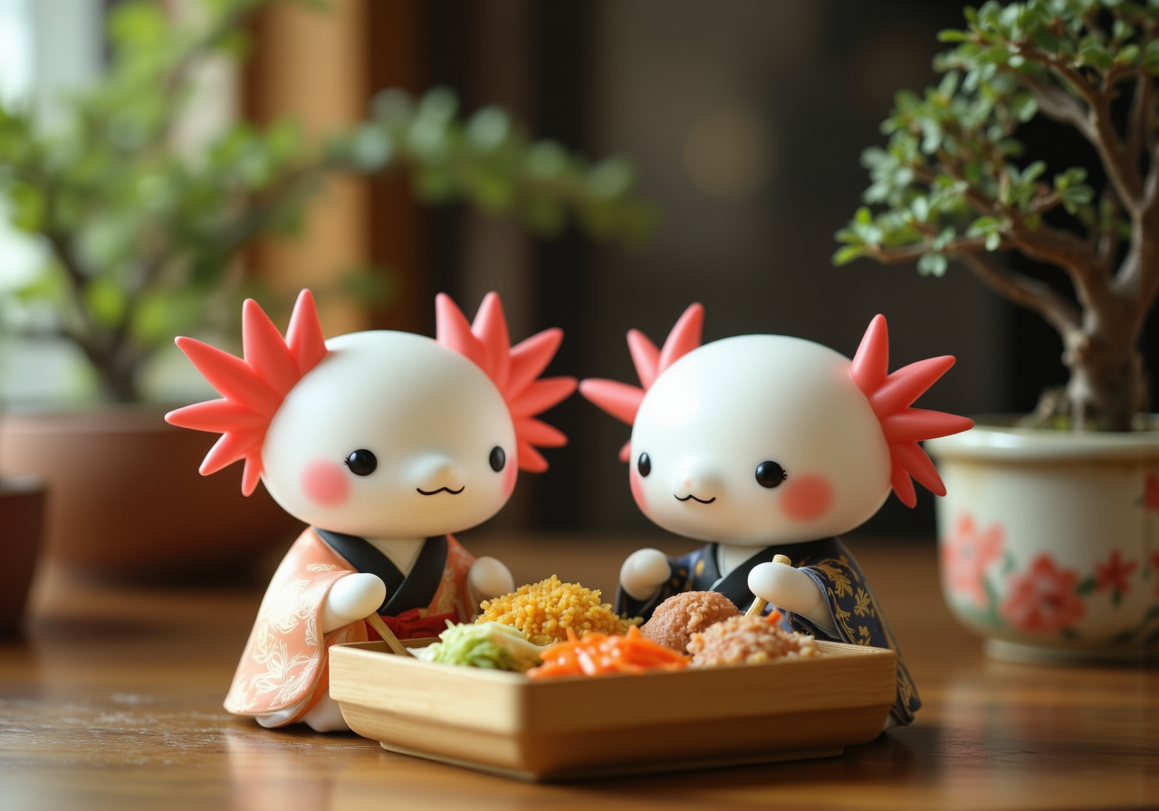 axolotl Momiji Message Dolls, the dolls are based on axolotls and have pink frilly gills and round black eyes, wearing kimono and enjoying bento box lunch together, on wooden table, potted bonsai trees in background<lora:PCB_Image_Enhancer_for_FLUX.safetensors:1.0:1.0> <lora:OBçº¢å¶çè¨å¨å¨.safetensors:1.0:1.0>