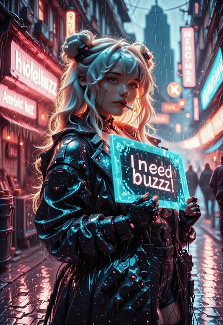 cinematic, focused subject, depth of field, dramatic, movie style, dark, movie noise, dramatic angle,  1girl, she is an android, long hair, white hair, double buns, fanged bangs, cyber armor, black_gloves, fingerless_gloves, futuristic, cyberpunk, rain, wire frame, smoking, dramatic light, cowboy shot, look at viewer, ((need_buzz, holding sign, hologram sign)), BREAK, background, Cyberpunk, cyberpunk city, neon lights illuminating rain-slick streets, towering skyscrapers with holographic billboards, dense alleys filled with market stalls and neon signs, glowing street-level advertisements reflecting off puddles, in the style of cknc,in the style of ck-rw,   HDR, 8K, hyper realistic, high contrast, masterpiece, best quality, amazing quality, very aesthetic, highres, hyper-detailed, absurdres, newest, scenery, detailed shading, dimm lit, Underlighting shadow, dim, opulent darkness, dark ambiance, warm backlit, volumetric backlit, front sparkles, detailing, realist,<lora:IL\NeedBuzz_sign_Illustrious:1> <lora:IL\ck-neon-retrowave-IL-000012:0.45><lora:IL\ck-nc-cyberpunk-IL-000011:0.45>