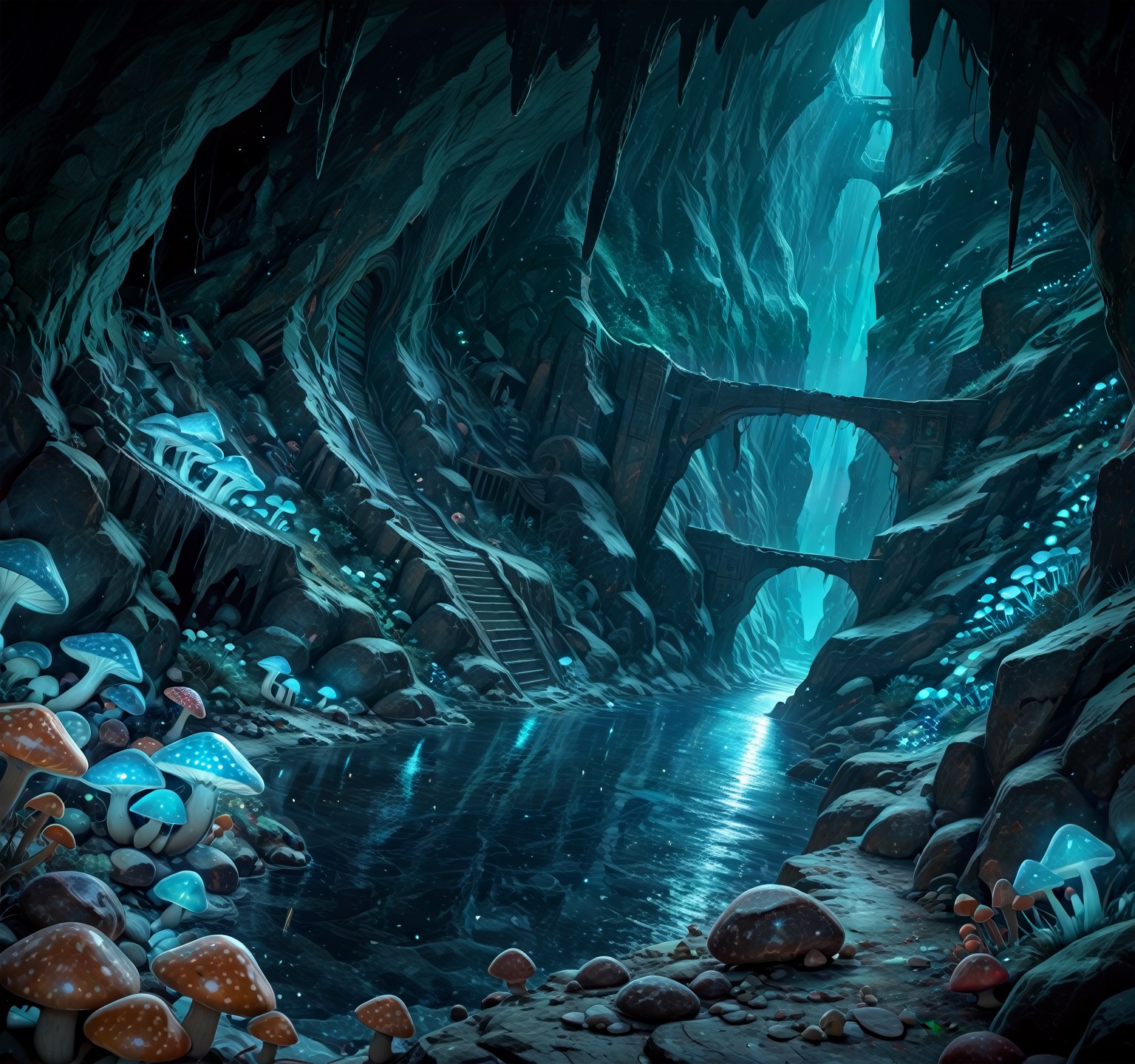 masterpiece, best quality, amazing quality, very aesthetic, absurdres, dark theme, realistic, (underground ruins, ruins, cave, mushrooms, nature, water, buildings, blue theme, glowing mushrooms, dynamic angle, detailed background, light particles) 