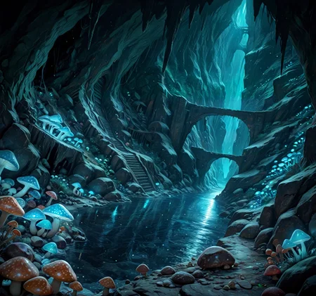 masterpiece, best quality, amazing quality, very aesthetic, absurdres, dark theme, realistic, (underground ruins, ruins, cave, mushrooms, nature, water, buildings, blue theme, glowing mushrooms, dynamic angle, detailed background, light particles) 