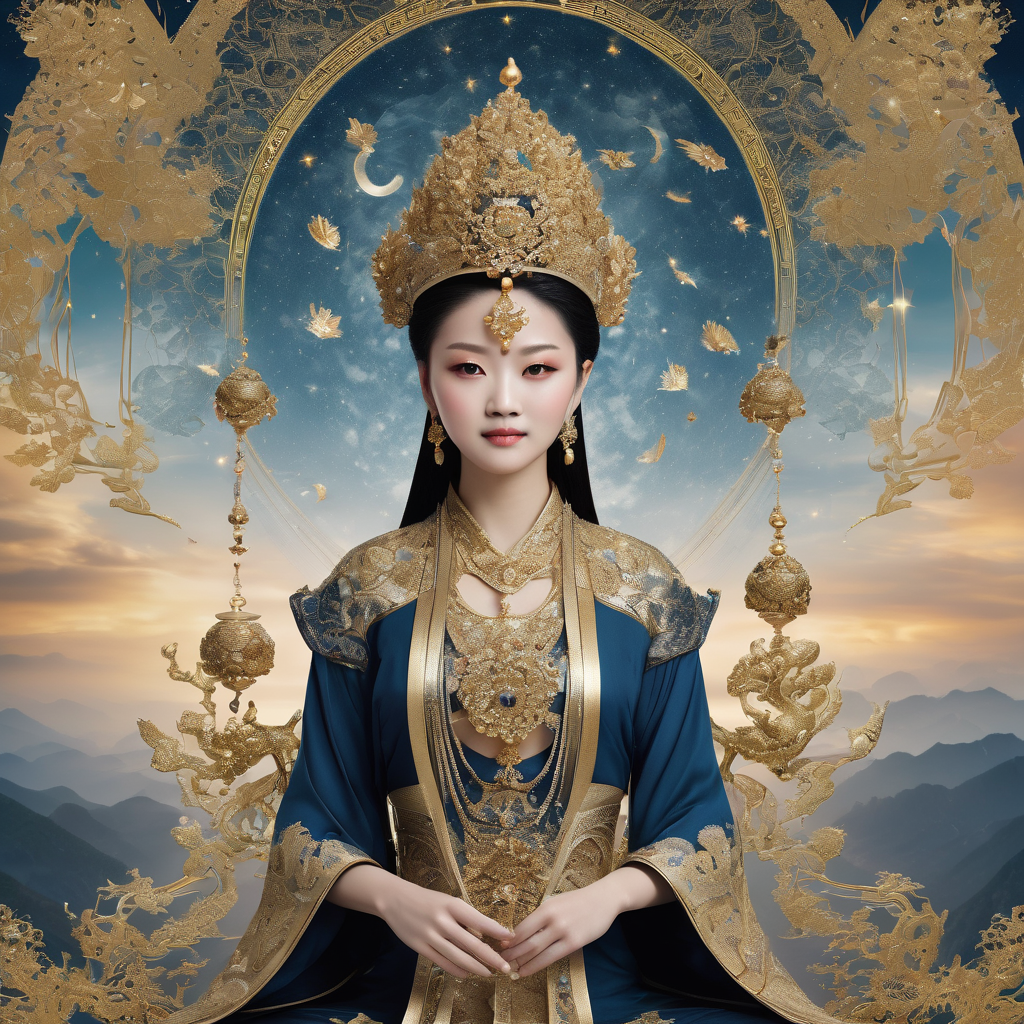 Create a 4KHTML masterpiece of Thái Âm Tinh Quân, an ancient goddess with unparalleled power, radiating an aura of wisdom and authority, set against a backdrop of shimmering moonlight, with intricate, swirling clouds and stars, dressed in lavish, ethereal robes with delicate, gemstone-encrusted accessories, her serene expression commanding reverence, as the ruler of day and night, and the harmonious balance of yin and yang.