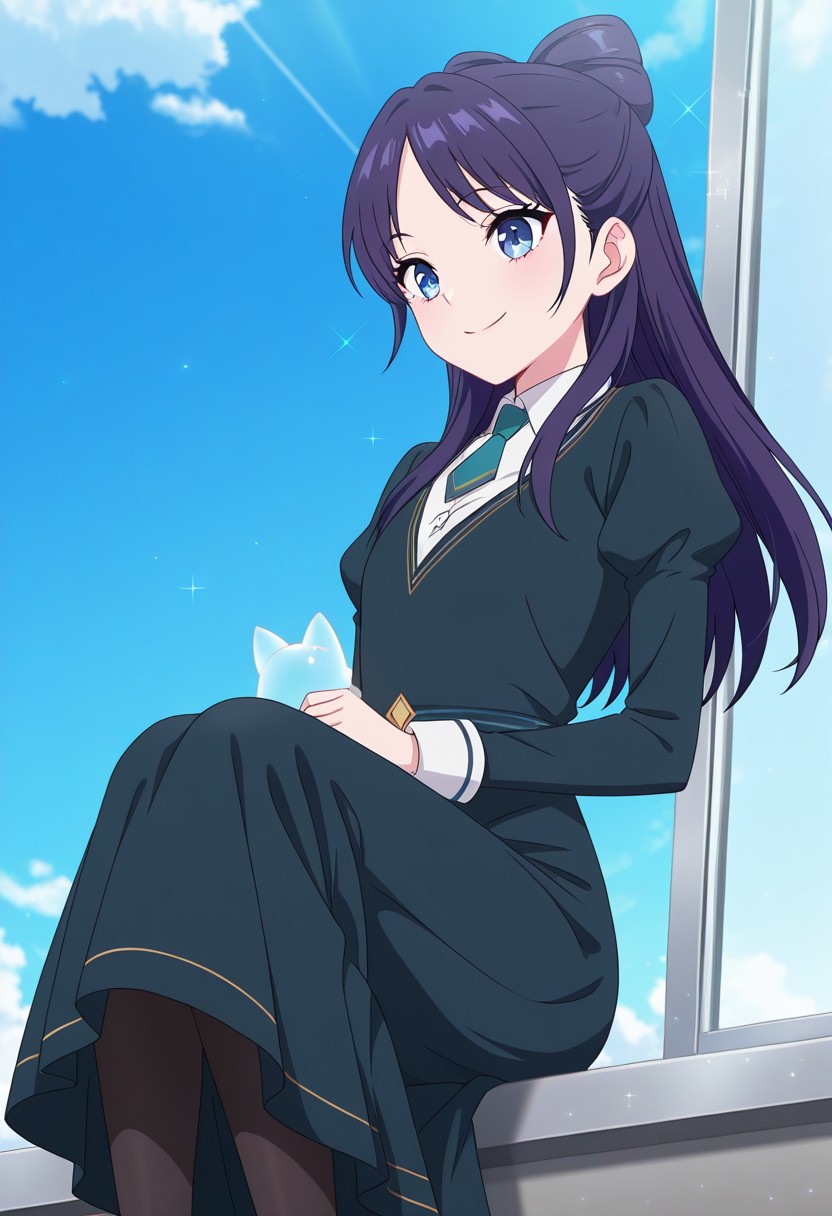 (absurdres, best quality, masterpiece:1.4), amazing quality, highres, newest, detailed, detailed body, detailed face, source anime, anime coloring, beautiful, petite, sparkles,
BREAK
WWNemu, 1girl, solo,  smile, NemuAniHu, dark purple hair, bow-shaped hair, parted bangs, half updo, blue eyes, v-neck dress, white inner collared shirt, Short necktie, juliet sleeves, long skirt, black pantyhose, NemuCat, transparent cat,