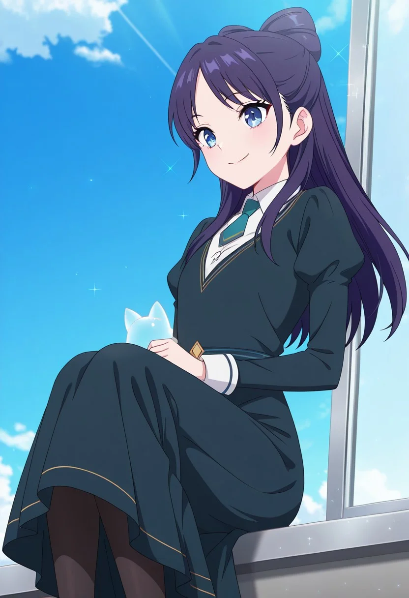 (absurdres, best quality, masterpiece:1.4), amazing quality, highres, newest, detailed, detailed body, detailed face, source anime, anime coloring, beautiful, petite, sparkles,
BREAK
WWNemu, 1girl, solo, smile, NemuAniHu, dark purple hair, bow-shaped hair, parted bangs, half updo, blue eyes, v-neck dress, white inner collared shirt, Short necktie, juliet sleeves, long skirt, black pantyhose, NemuCat, transparent cat,