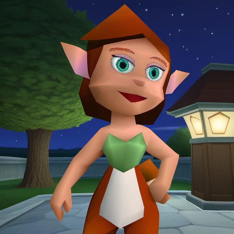 score_9, 1girl, solo, elora1, furry female, open smile, detailed green eyes, brown hair, furry, animal ears, looking at viewer, had on hip, makeup, faun, pointy ears, bare shoulders, green top, tree, night, stars, Volumetric Lighting, <lora:Elora1-000009:1>,