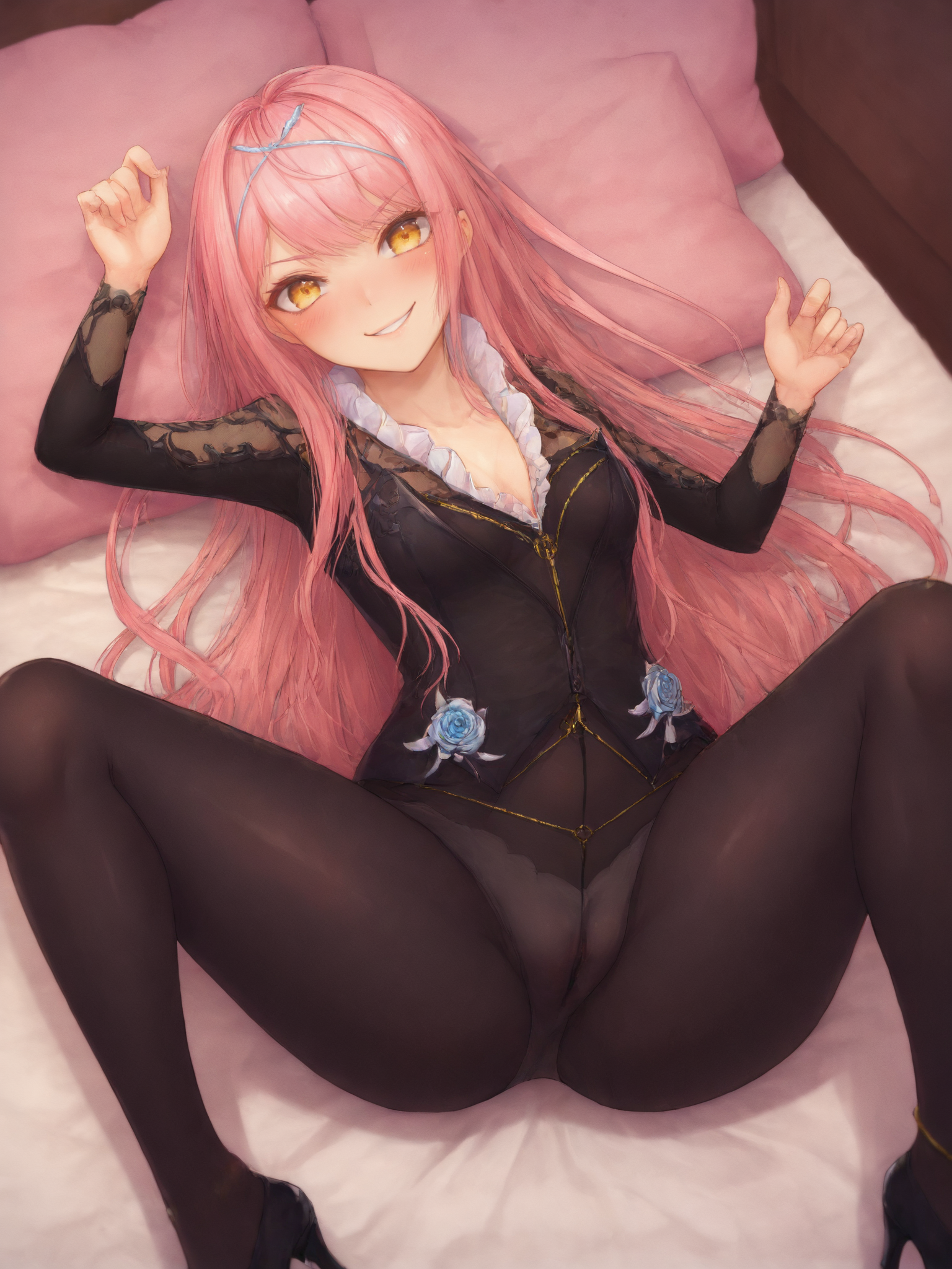 score_9, score_8_up, score_7_up, BREAK,
1girl, solo, BREAK,
cnocnariabhfate, yellow eyes, black dress, pink hair, black pantyhose, <lora:Cnoc_na_Riabh:0.8>, BREAK,
embarrassed, smile, blush, looking at viewer, BREAK,
lying, (on back:1.2), on bed, spread legs, BREAK,
indoors, bedroom