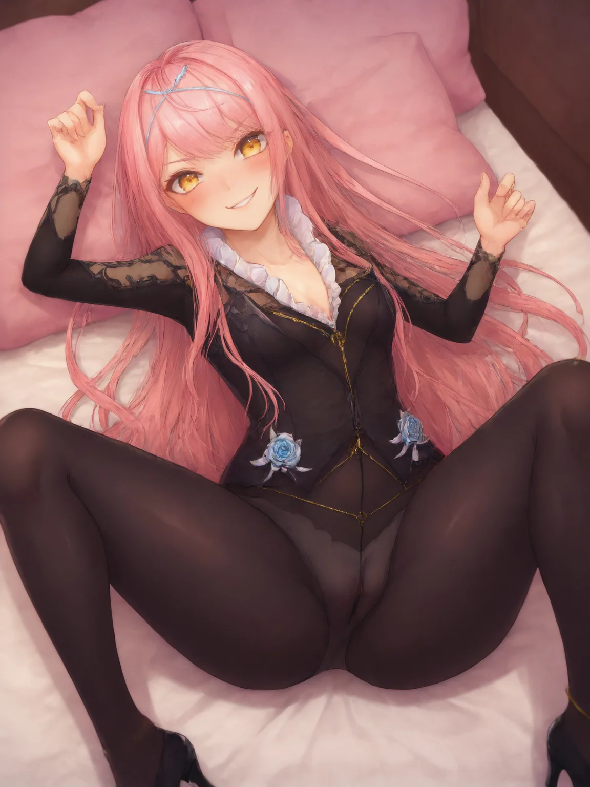 score_9, score_8_up, score_7_up, BREAK,
1girl, solo, BREAK,
cnocnariabhfate, yellow eyes, black dress, pink hair, black pantyhose, <lora:Cnoc_na_Riabh:0.8>, BREAK,
embarrassed, smile, blush, looking at viewer, BREAK,
lying, (on back:1.2), on bed, spread legs, BREAK,
indoors, bedroom