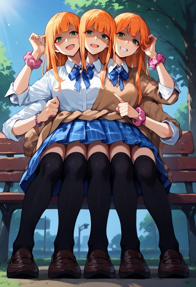 ((8arms, 4heads, trileg, six legs)), leg focus, score_9, score_8_up, score_7_up, score_6_up, score_5_up, score_4_up, shiunsumika, orange hair, blunt bangs, hairclip, straight hair, very long hair, green eyes, gyaru, heart necklace, neck ribbon, blue ribbon, collared shirt, white shirt, sleeves rolled up, pink scrunchie, wrist scrunchie, bead bracelet, brown cardigan, sweater around waist, blue skirt, plaid skirt, school uniform fully clothed, casual, sitting on bench,  slender legs, outdoors , park, (looking at the viewer), frowning, angry, disgusted face, shaded face, (from below),(((black thighhighs))), [shadows], light rays, Expressiveh