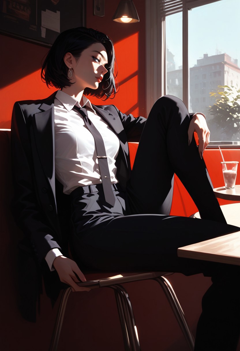 Expressiveh, score_9, score_8_up, score_7_up, score_6_up, girl, slender, medium breasts, tight shirt, suit jacket, white shirt, dark theme, necktie, shadow, ultra dark, sitting, cafe chair, red wall, portrait, Albinism, light ray, window
