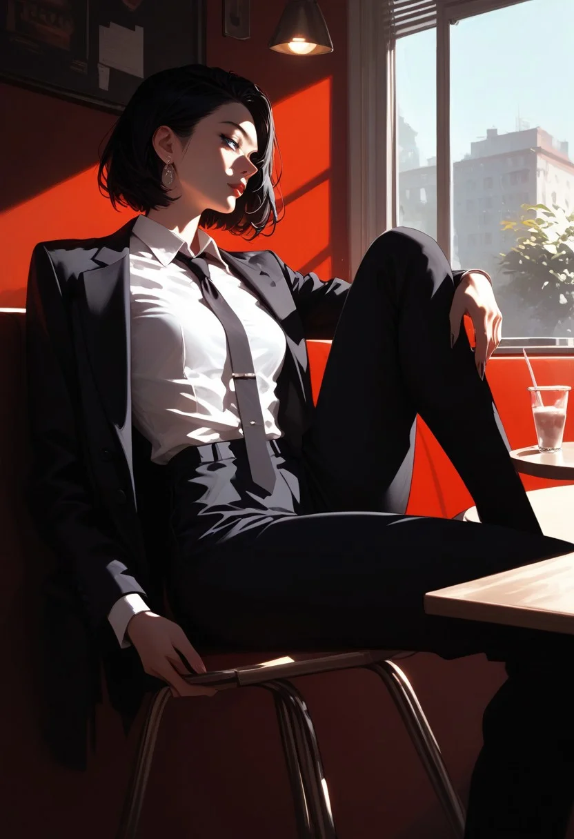 Expressiveh, score_9, score_8_up, score_7_up, score_6_up, girl, slender, medium breasts, tight shirt, suit jacket, white shirt, dark theme, necktie, shadow, ultra dark, sitting, cafe chair, red wall, portrait, Albinism, light ray, window