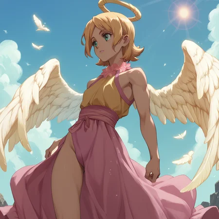 <lora:SlimesFemGinro:1>, score_9, score_8_up, score_7_up, slimes_femginro, angel wings, sun background