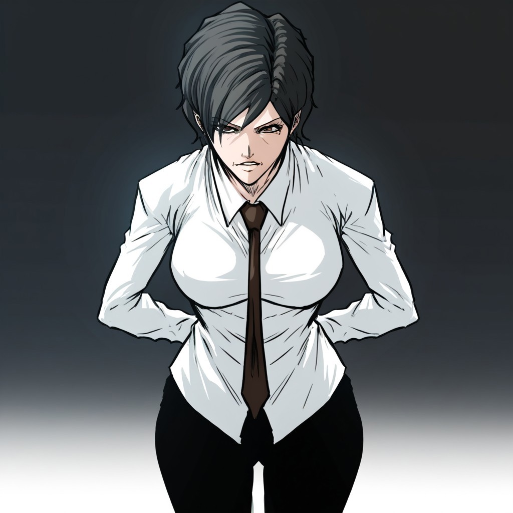 score_9,score_8_up,score_7_up,(masterpiece), best quality, expressive eyes, amazing quality, solo, 1girl, mature female, milf, black hair, brown eyes, short hair, breast, white shirt, black pants, tie, annajbis, dark room,
