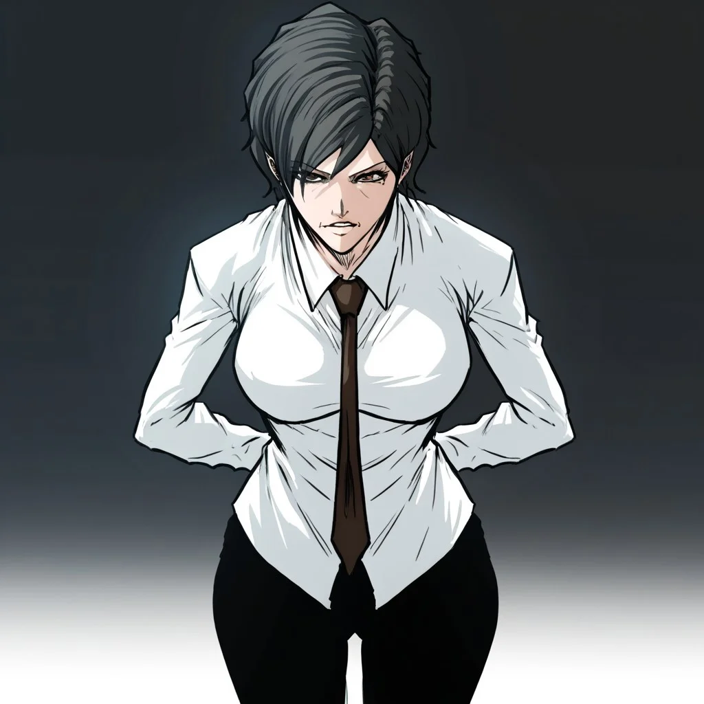 score_9,score_8_up,score_7_up,(masterpiece), best quality, expressive eyes, amazing quality, solo, 1girl, mature female, milf, black hair, brown eyes, short hair, breast, white shirt, black pants, tie, annajbis, dark room,