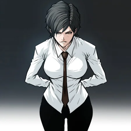 score_9,score_8_up,score_7_up,(masterpiece), best quality, expressive eyes, amazing quality, solo, 1girl, mature female, milf, black hair, brown eyes, short hair, breast, white shirt, black pants, tie, annajbis, dark room,